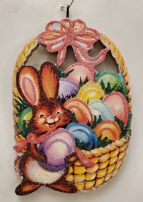 BUNNY RABBIT w BASKET of PASTEL COLORED EGGS * Glitter EASTER ORNAMENT * Vtg Img