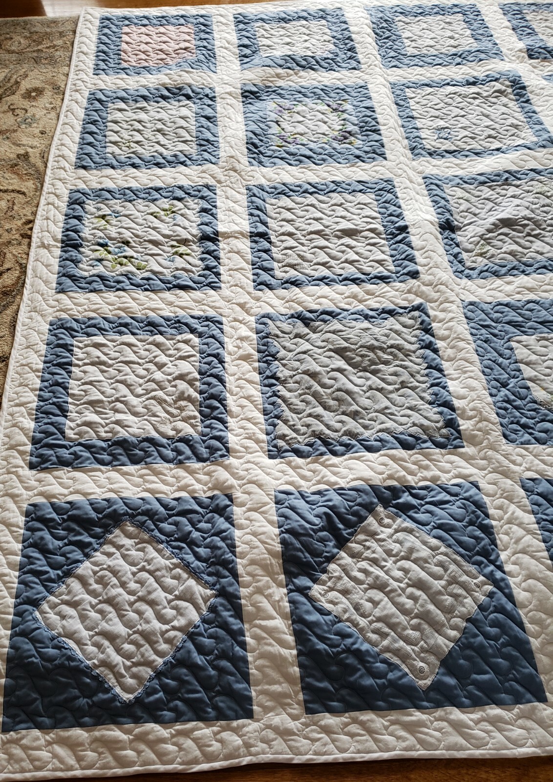 Vintage Handkerchief Quilt Dusty Blue/White Backing Never Used~Vintage Hankies