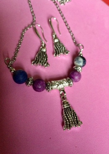 Tibetan Tassel Swing Stone Necklace ,Earrings Jewelry Set Sodalite,Purple Jasper