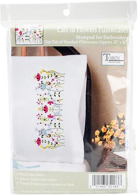 Tobin Stamped Pillowcases, Cats in Flowers, 20'' x 30'' Embroidery Kit, white