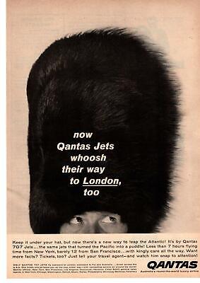 1959 Qantas Airlines 707 Jets Austrailia London Guard Bearskin Hat Wind Print Ad