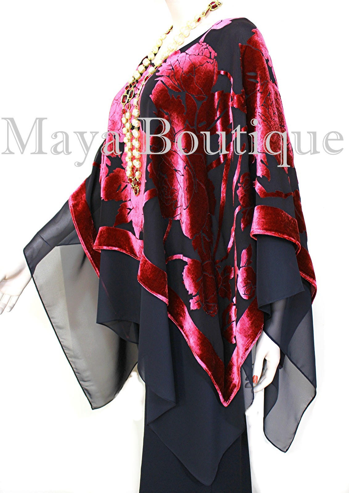 Pre-owned Maya Matazaro Layered Poncho Top Silk Burnout Velvet & Chiffon Red & Black