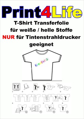 20 Bl. T-Shirt Transferfolie Inkjet für helle Stoffe klar durchsichtig Tinte A4