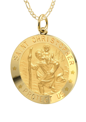 Ladies 14k Yellow Gold St Christopher Round Polished Solid Medal Necklace, 22mm