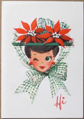 Vintage Christmas Card UNUSED MCM Pretty Winking Lady Fancy Poinsettia Dress Hat