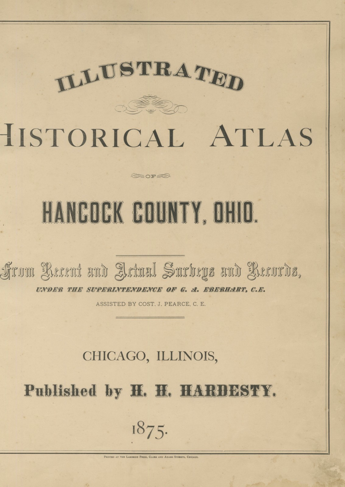 ILLUSTRATED HISTORICAL ATLAS OF HANCOCK COUNTY OHIO Findlay OH 1875 Original Map