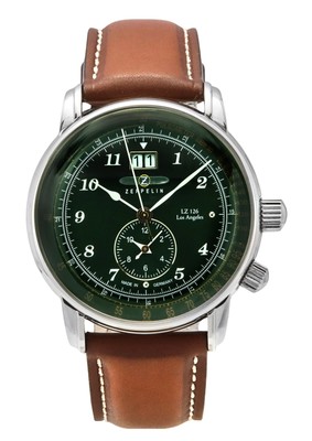 Pre-owned Zeppelin Lz126 Los Angeles Pulsometer Leather Strap Green Dial 86444 Mens Watch
