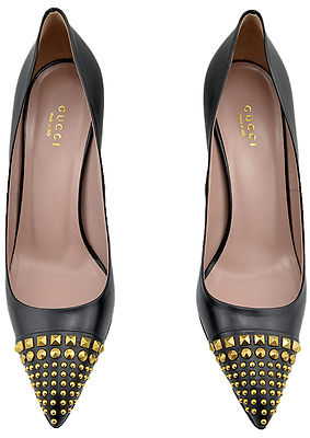 Pre-owned Gucci $650  Black Leather Gold Studded Pointy Toe Pumps High Heels Collection