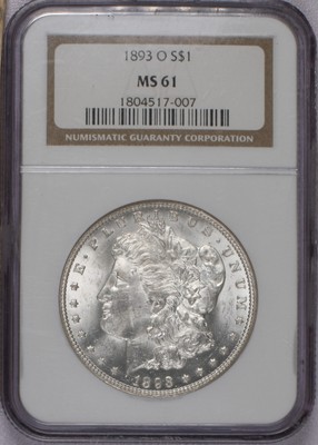 1893-O Silver Morgan $1 NGC 61. Rare date! Untoned. Older holder. Below bid.