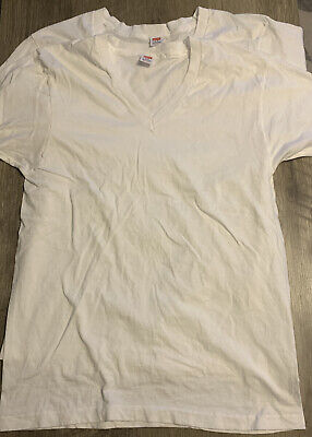 Vintage Hanes V Neck T Shirt Sz Lrg White Blank Made In USA. Brand New, Lot of 2