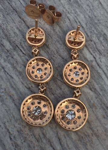 $9800  3.24 CT 18k rose gold drop dangle diamond earrings, G-H color, SI 1, 7g