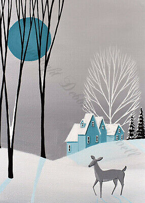 5x7 folk art print MC Christmas SNOW QUIET deer MCM mid century modern tree DC