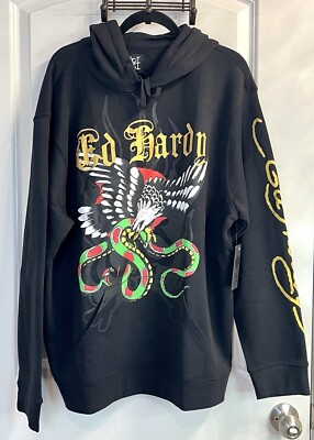 ED HARDY XXL New York City Tattoo Eagle Skull Snake Black Hoodie Sweater Biker