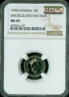 1994 CANADA 10 CENTS NGC MS69 MAC FINEST GRADE SPOTLESS .
