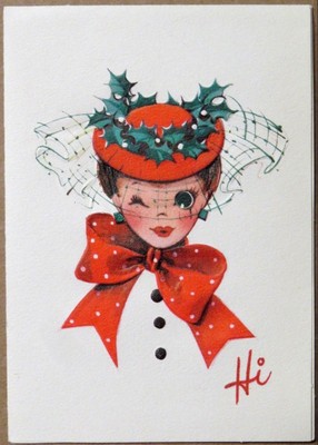 Vintage Christmas Card UNUSED MCM Pretty Winking Lady Fancy Dress Hat Big Bow