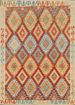 Flat Weave Kilim Reversible Wool Rug 5x6 Southwestern Pastel Color Carpet