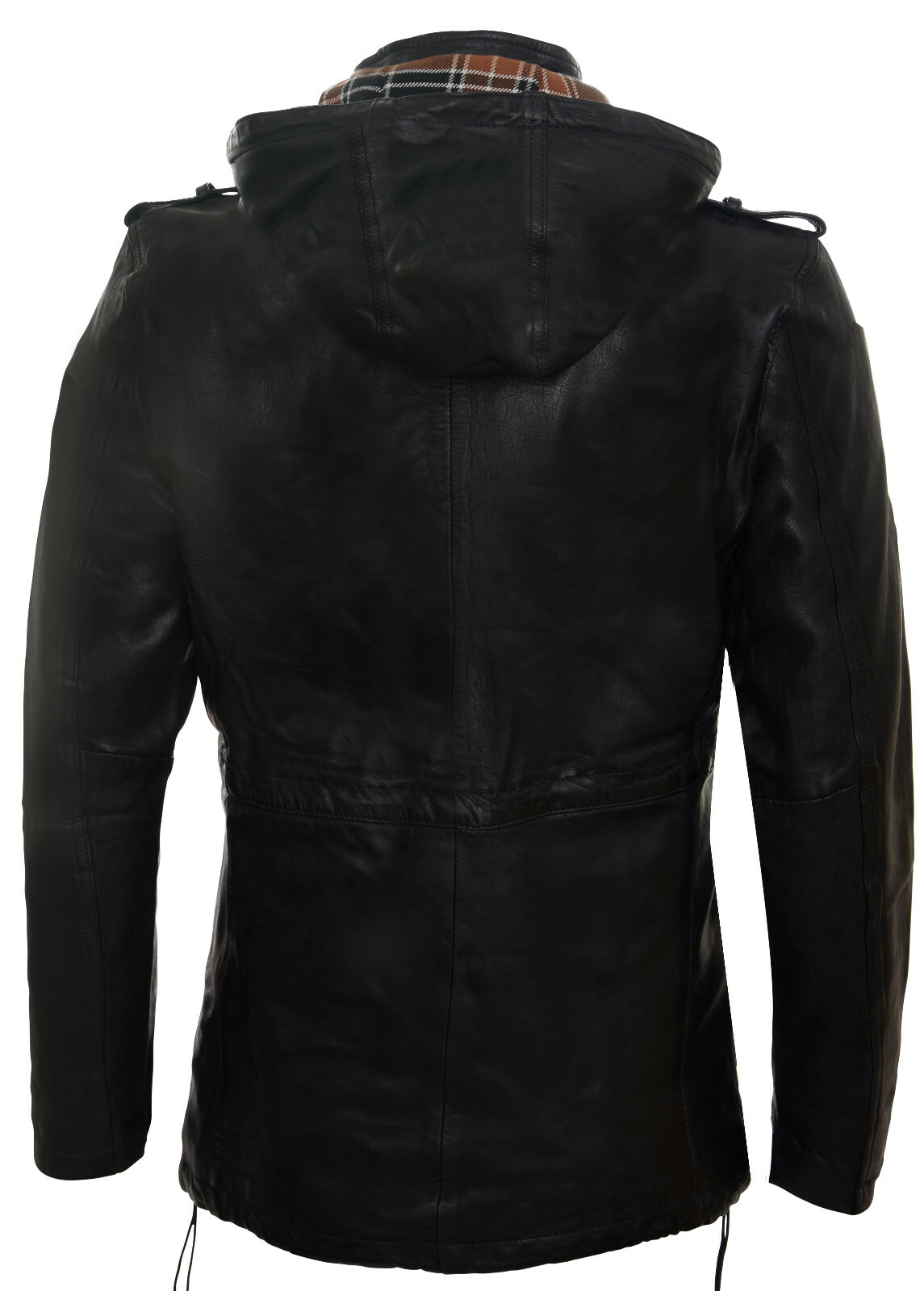 INFINITY MEN'S BLACK LEATHER CLASSIC HOODED OVERCOAT TRENCH MULTI-POCKET JACKET