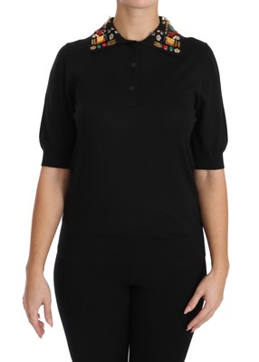 Pre-owned Dolce & Gabbana Blouse Black Cashmere Crystal Collar Top T-shirt It38/4/xs $1300