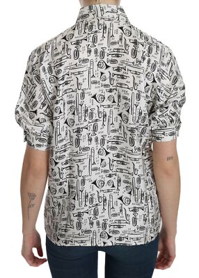 Pre-owned Dolce & Gabbana Blouse White Musical Instrument Collared Top It42/us8/m Rrp$700
