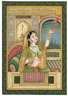 Mughal School Painting Of Mughal Empress Feeding Grapes To A Bird 5.5x9 Inches