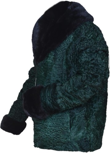 Pre-owned Handmade Green Persian Lamb Fur Karakul Fur Bomber Jacket Mink Fur Collar All Sizes