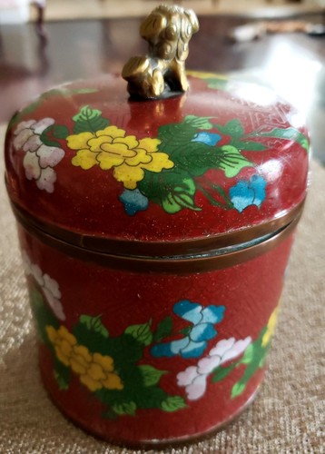 19TH C ANTIQUE COPPER CHINESE CLOISONNE HUMIDOR WITH SOLID BRASS FOO DOG FINIAL
