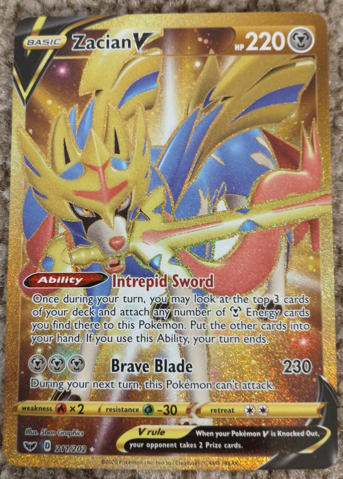 Pokemon Zacian V 211/202 Gold Secret Rare. Sword & Shield