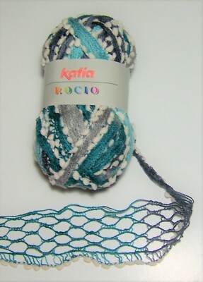 Four 100g balls of KATIA ROCIO Ruffle Scarf knitting yarn #503 TEAL GREY & WHITE