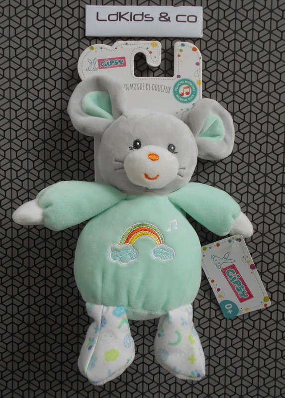 Doudou Peluche Gipsy Souris Musicale Gris Vert D'Eau Arc En Ciel 22cm Neuf D1396