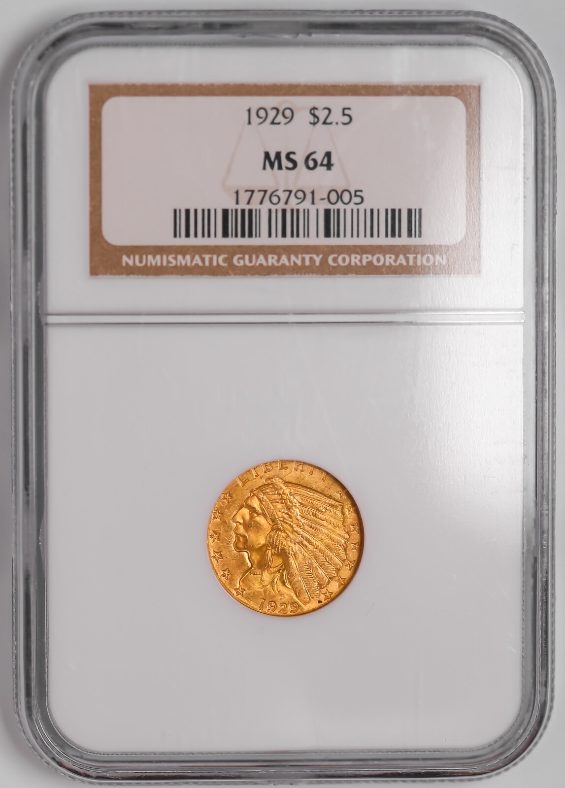 1929年 米国 インディアンヘッド ＄2.5クオーター金貨 NGC MS61 1929 $2.5 Dollar Gold Indian Head Liberty Quarter Eagle Coin
