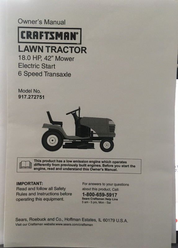 Owner’s Manual Sears Craftsman 18 HP Lawn Tractor 42” Mower- Model 917.