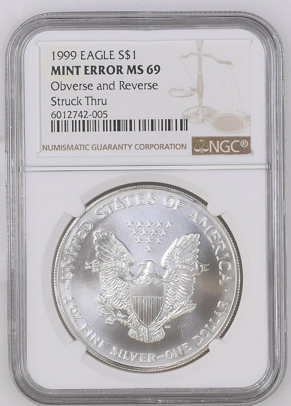 アメリカ 1999 イーグル銀貨　NGC鑑定　MS69 1999 1 oz Silver Eagle NGC MS 69 MINT ERROR OBVERSE AND