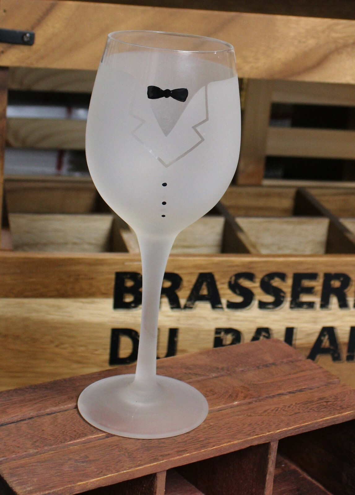 Bride and Groom Frosted Wine Toasting Goblets Tux and Gown Gift Keepsake