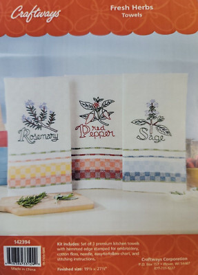 Craftways 3 Fresh Herbs Kitchen Towels Embroidery Kit Rosemary Red Pepper Sage