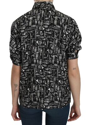 Pre-owned Dolce & Gabbana Blouse Black Musical Instrument Collared Top It42/us8/m Rrp$700