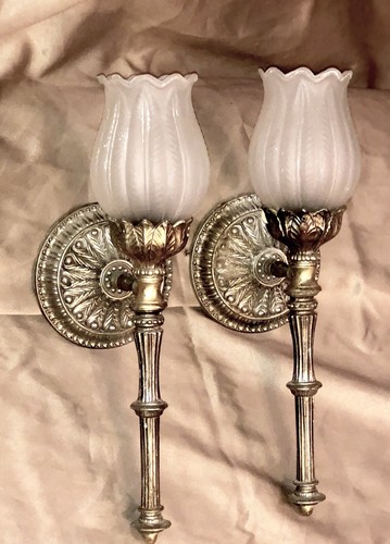 LARGE VINTAGE 16” MATCH PAIR SOLID BRASS L&L WMC TORCHIERE WALL SCONCE & SHADE