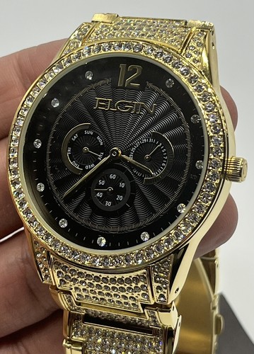 Elgin Men's Gold-Tone 295 Crystals Black Dial Watch