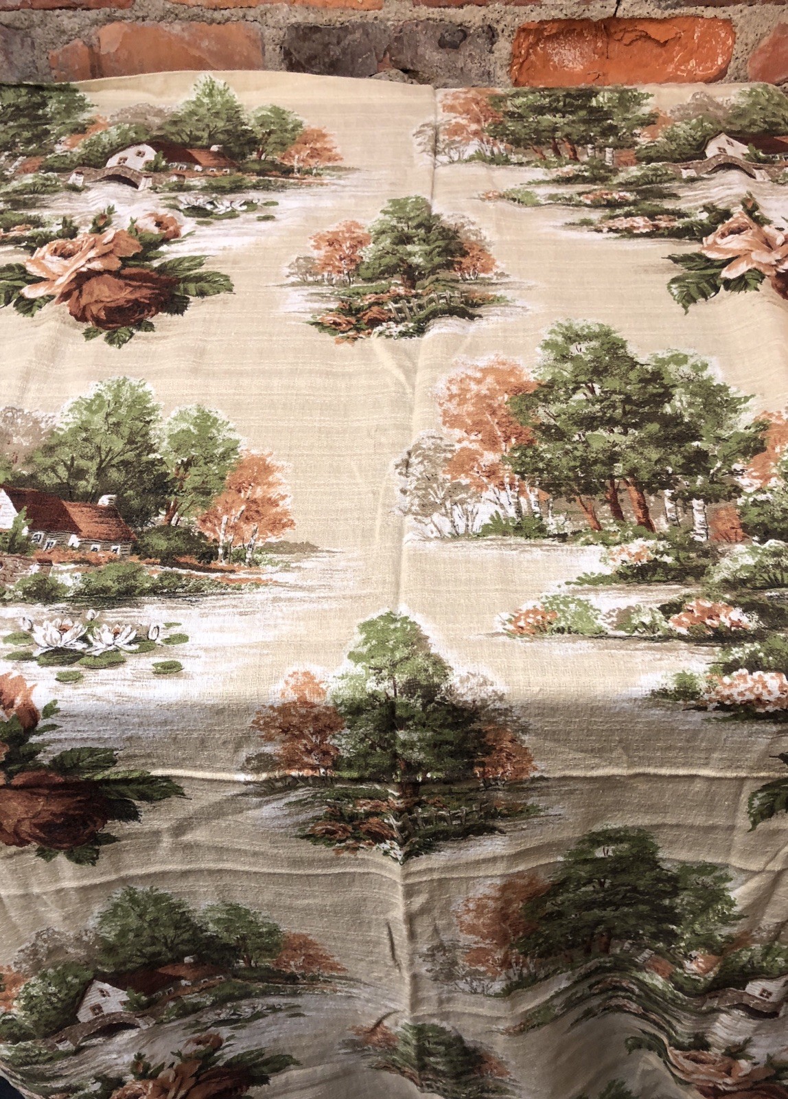 Vintage Textured Fabric BARKCLOTH Drapery Curtain Panel Cottage Scene 72x35