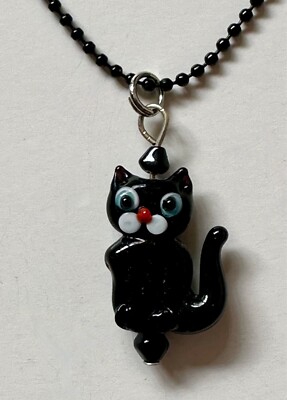 Halloween Black cat lampwork glass charm pendant 1'' necklace 18'' black bubble