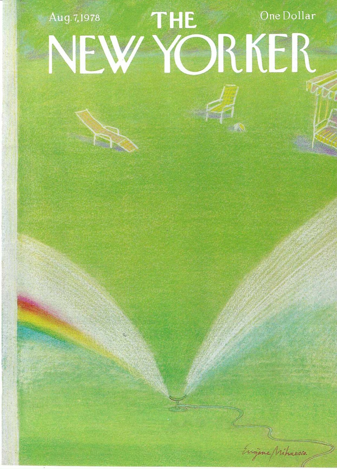 New Yorker magazine Cover Only August 7 1978 Mihaesco Lawn Sprinkler Rainbow