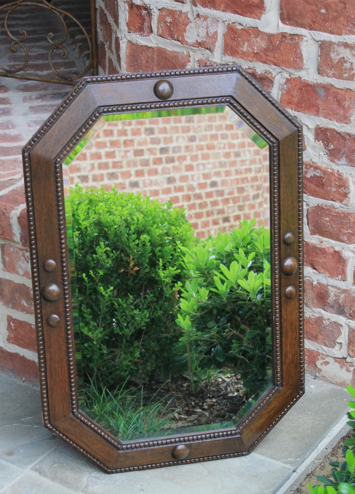 Antique English Oak Jacobean Tudor Style Octagonal Framed Beveled Wall Mirror