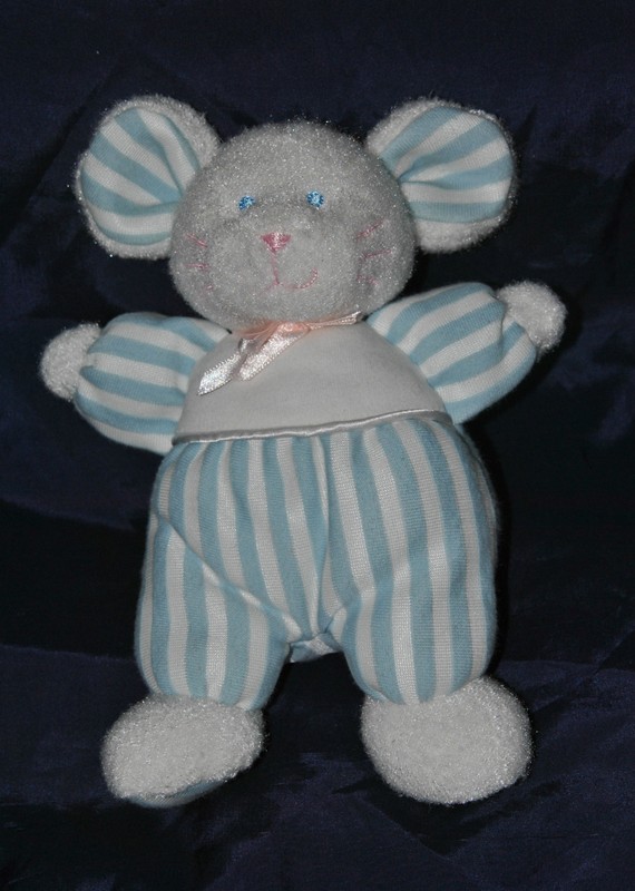 Peluche Doudou Souris PlÃSch Heunec Bleu Blanc RayÃ© Grelot Noeud Rose 23 Cm Ttbe