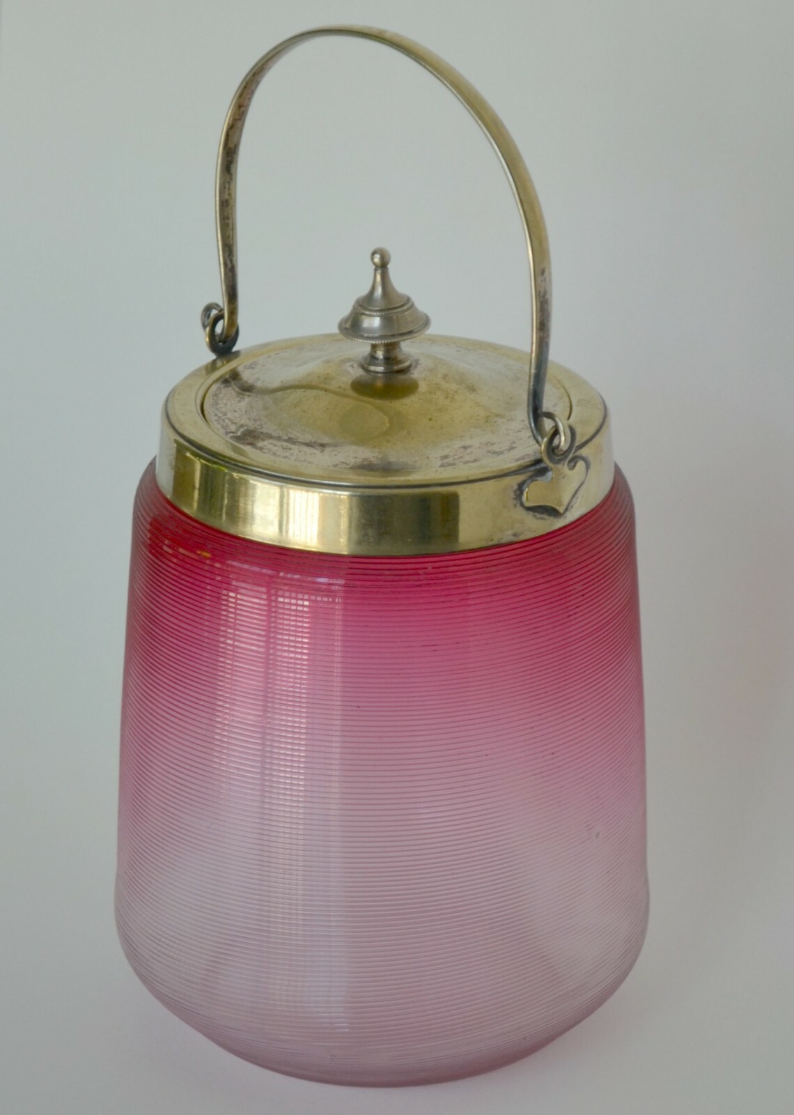 Antique Victorian cranberry threaded glass biscuit jar barrel handle lid metal