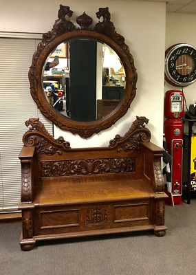 VICTORIAN 1880 HALL TREE MIRROR SET TIGER OAK QUARTER SAWN ABSOLUTELY BEAUTIFUL!