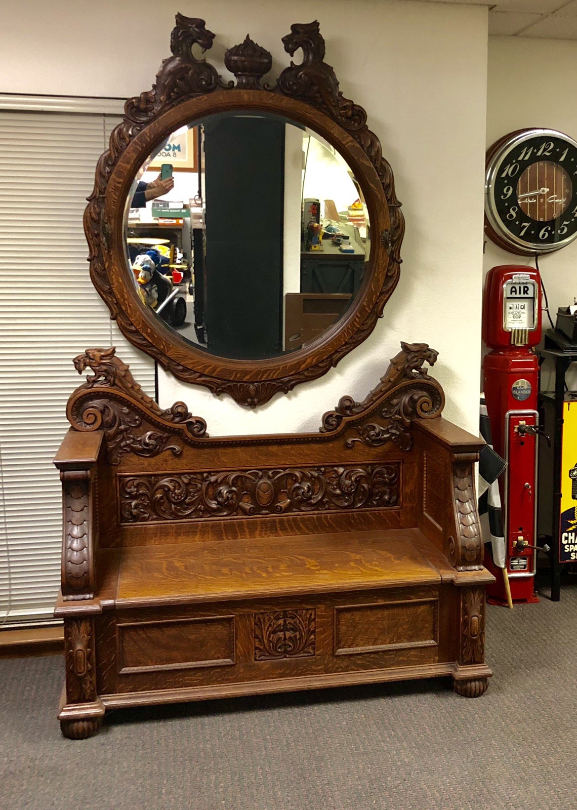 VICTORIAN 1880 HALL TREE MIRROR SET TIGER OAK QUARTER SAWN ABSOLUTELY