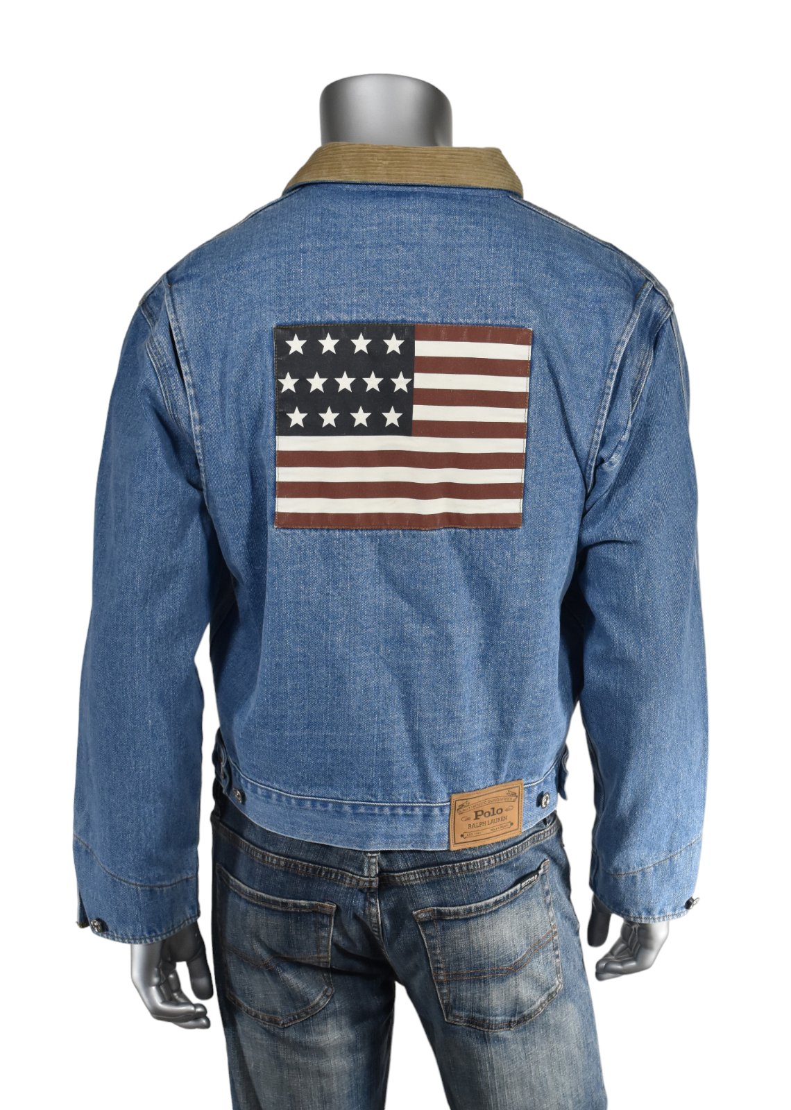 Pre-owned Polo Ralph Lauren Vintage  Corduroy Collar Denim Usa Flag Trucker Jacket M In Blue