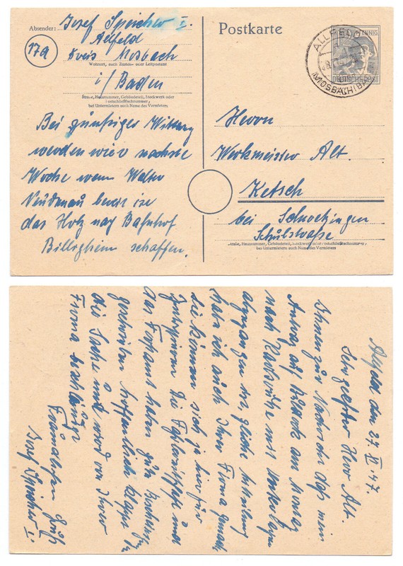 101869 - Ganzsache P 962 - Postkarte - Allfeld 28.11.1947 Nach Ketsch