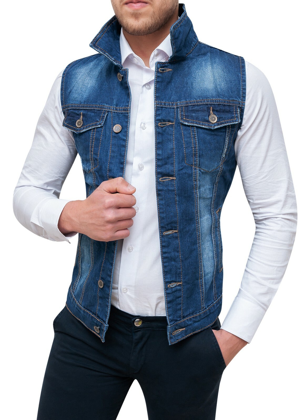 Giubbotto smanicato di jeans uomo blu denim cardigan gilet giacca casual