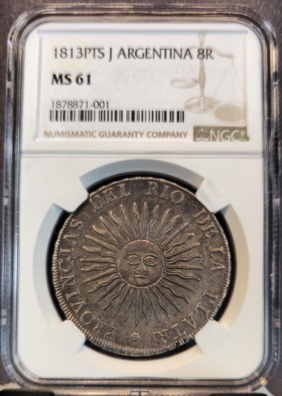 1813 ARGENTINA SILVER 8 REALES RADIANT SUN NGC MS 61 EXTREMELY RARE MINT STATE