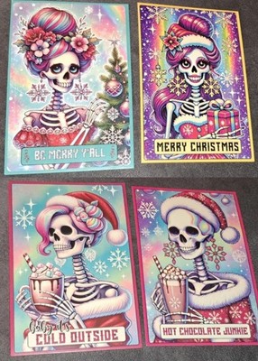 4x Festive Postcards: Mexican Day Dead Skeleton, Hot Chocolate Junkie, Xmas fun
